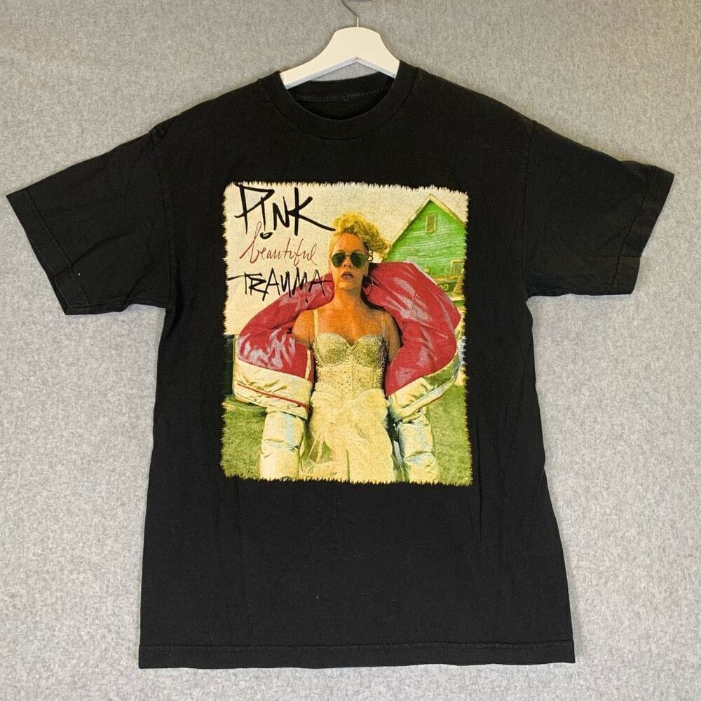 Pink Mens Size Small Trauma Tour Graphic Tee T Shirt Black Short Sleeves